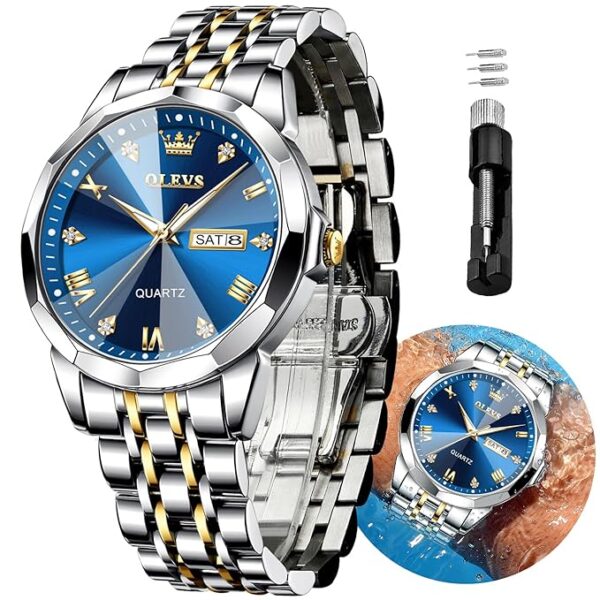OLEVS Original Men's Diamond Watch Analog Quartz Stainless Steel Calendar Business Dress Watch with Luminous Waterproof Casual Wristwatch